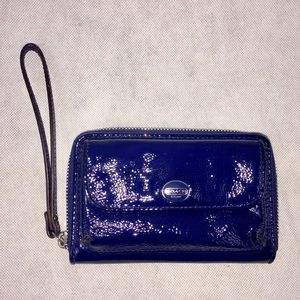 Coach navy patent crinkle phone wallet wristlet